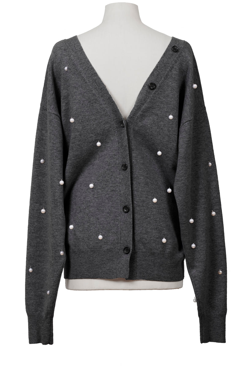 Wool Cashmere Knit V neck Cardigan | Charcoal Grey x Pearl – MYLAN 