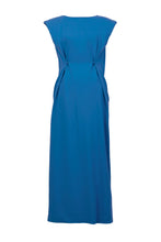 Load image into Gallery viewer, Padded Shoulder Back Open Maxi Dress | Capri Blue