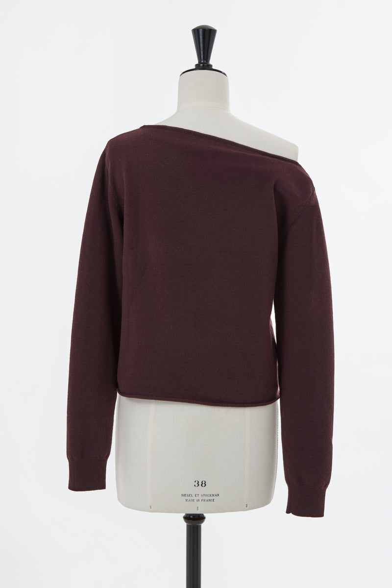 Wool Cashmere Asymmetrical Off-Shoulder Knit | Chocolate – MYLAN