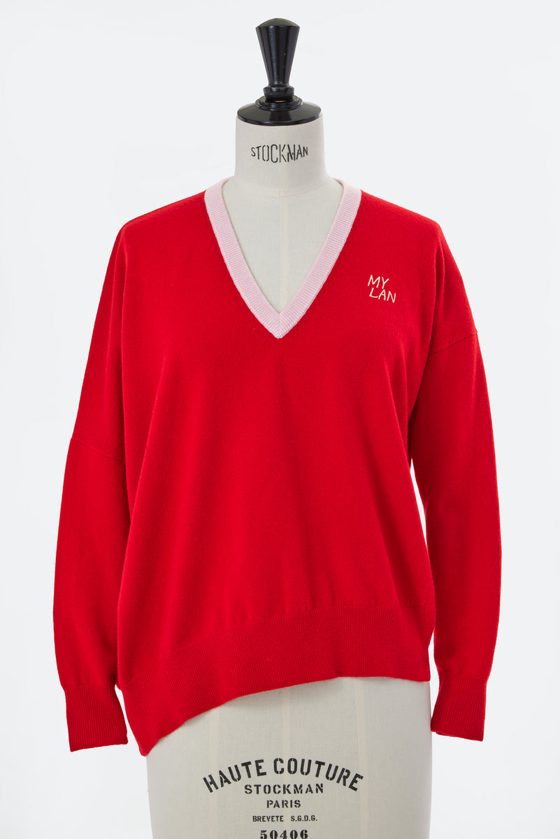 Cashmere V-Neck Asymmetrical Knit with MYLAN Logo | Red – MYLAN