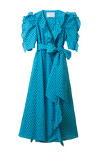 Load image into Gallery viewer, Cotton Lace Ruffle Wrap Dress | Turquoise Blue