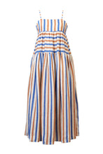 Load image into Gallery viewer, Striped Linen Back Ribbon Tiered Maxi Dress | Multi Stripe Blue