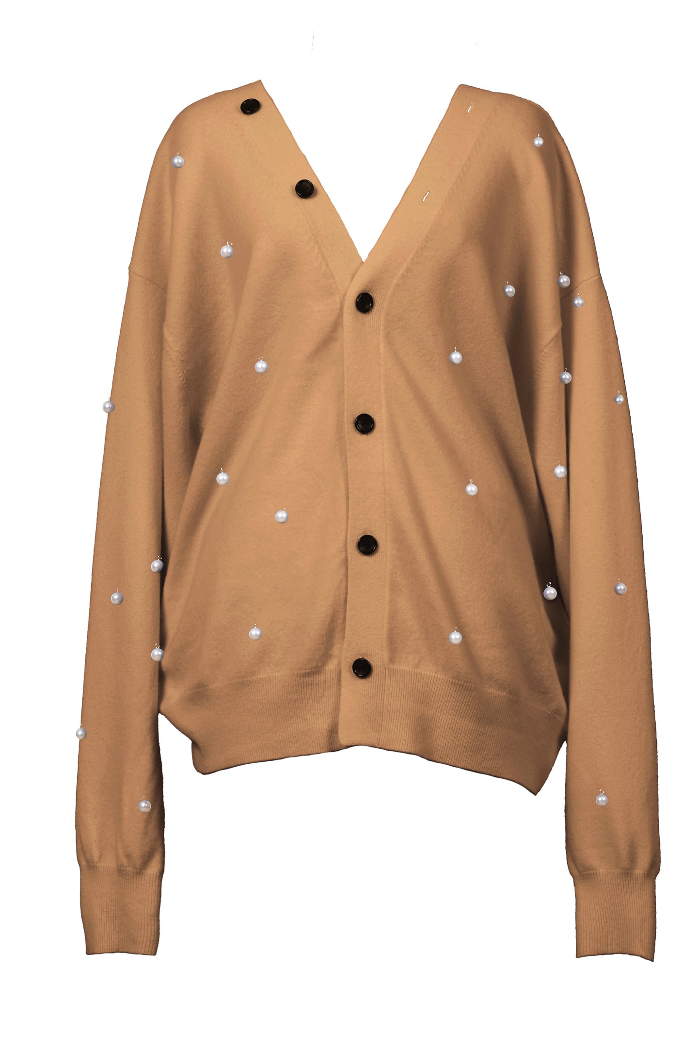 Wool Cashmere Knit V neck Cardigan | Camel × Pearl