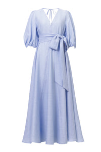 Shine Linen V Neck Dress | Blue Stripe