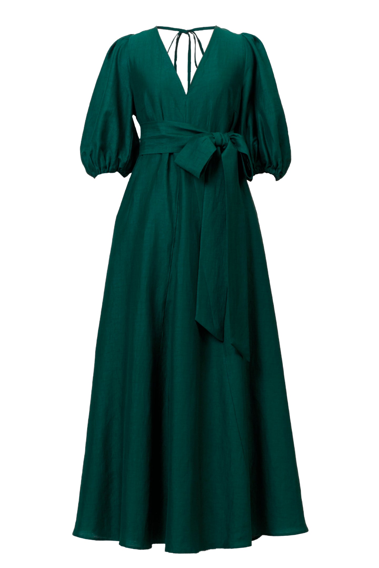 Shine Linen V Neck Dress | Forest Green