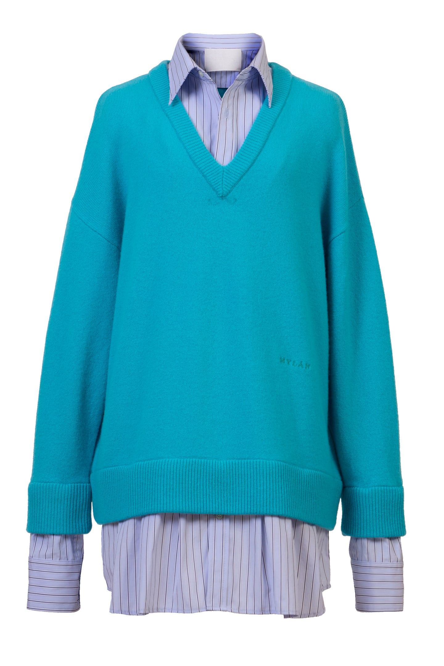 Cashmere V neck Knit Shirt Layered Dress | Turquoise