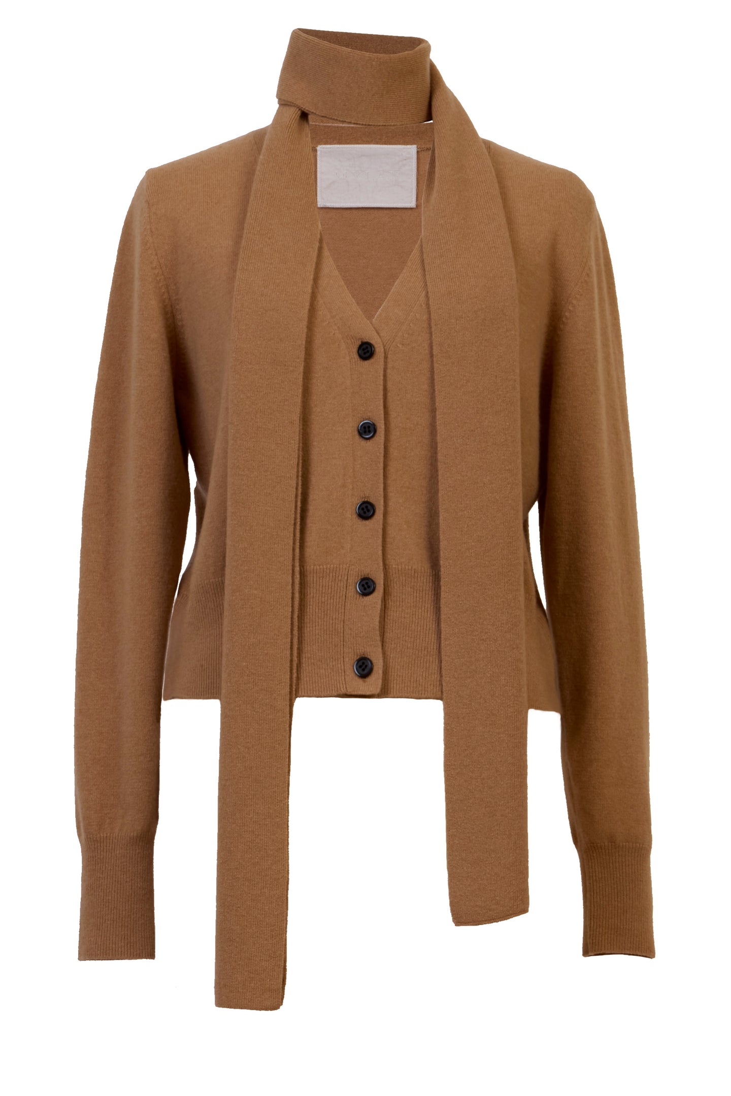 Cashmere Knit Scarf Collar Cardigan | Camel