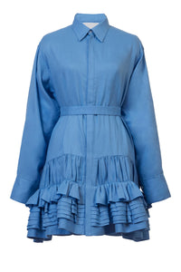 Tack Gather Frilled Shirt Dress | Sea Blue