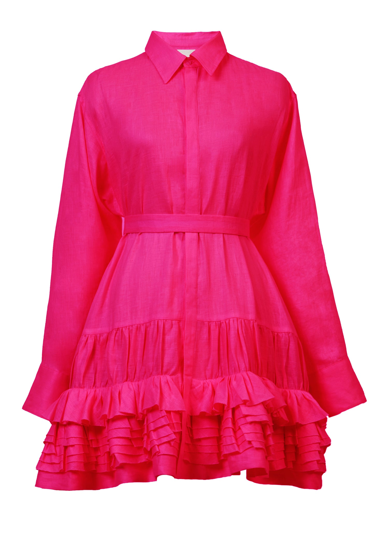 Tack Gather Frilled Shirt Dress | Fuchsia Pink