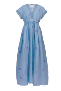 Embroidery Tack & Gather Long Dress | Sea Blue