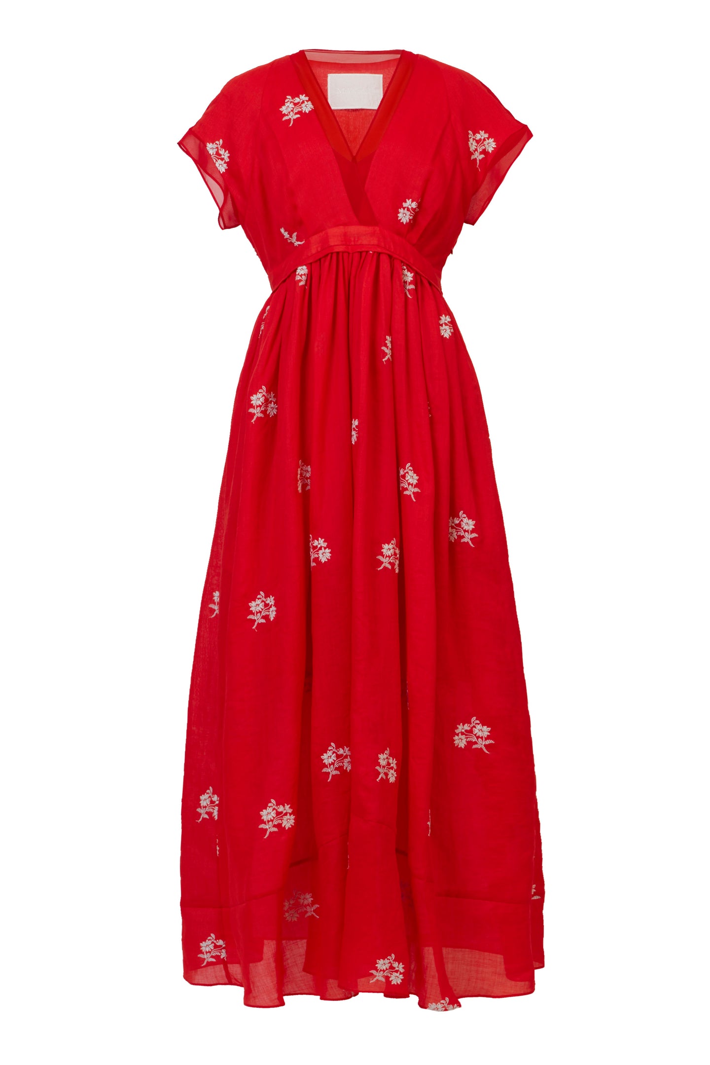 Embroidery Tack & Gather Long Dress | Coral Red