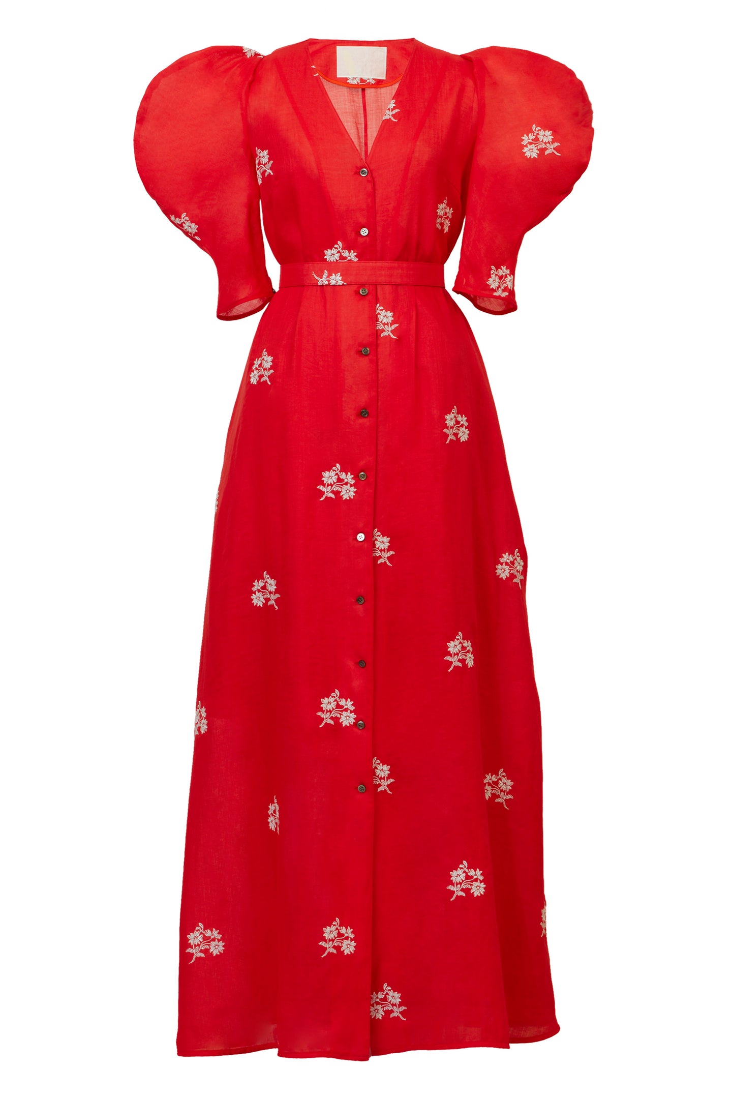 Embroidery Volume Sleeve Dress | Coral Red