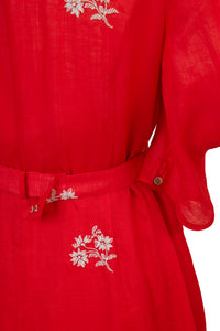 Embroidery Volume Sleeve Dress | Coral Red