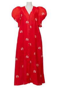 Embroidery Volume Sleeve Dress | Coral Red