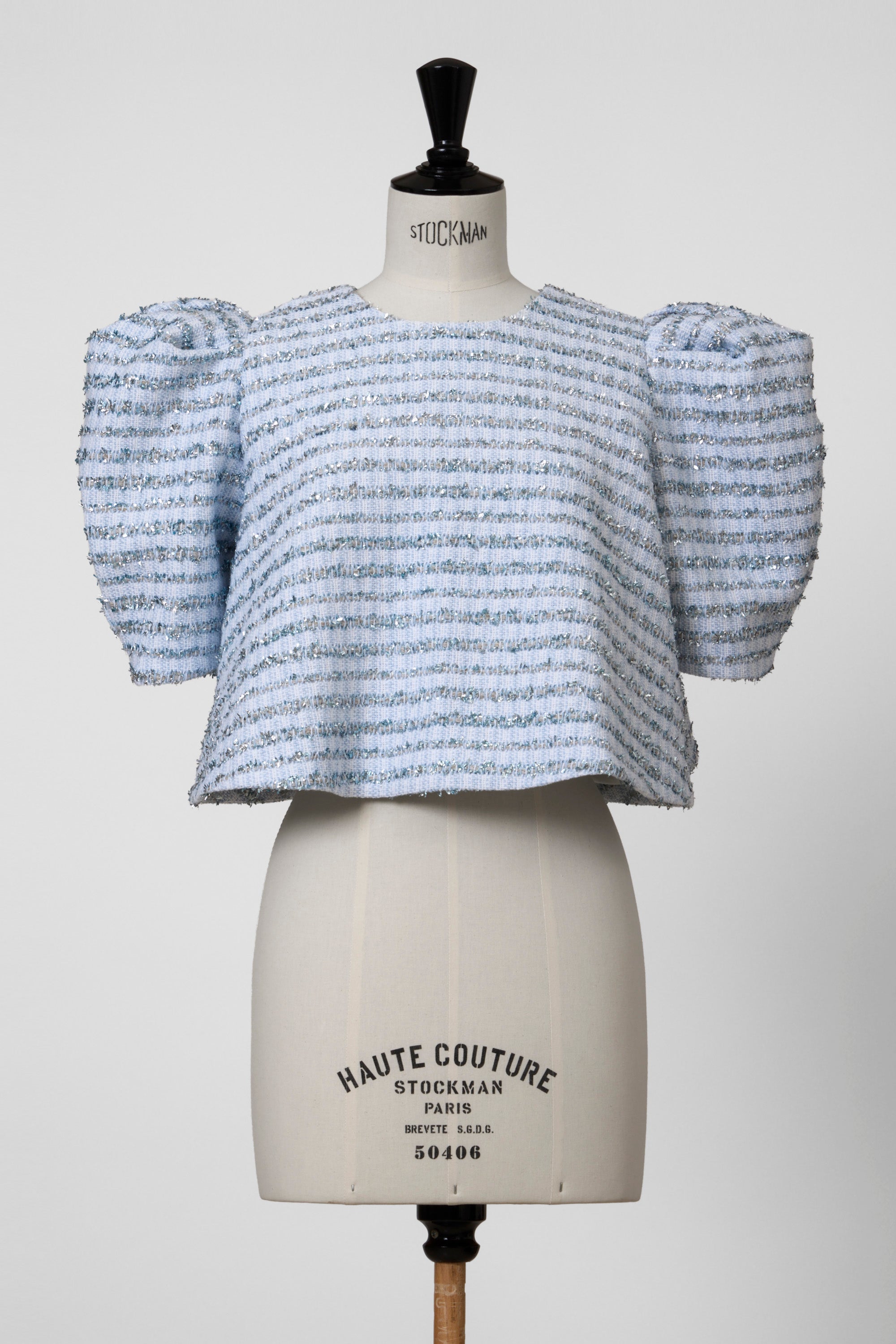 Volume Sleeve A-Line Tweed 2Way Tops | Sea Blue Stripe