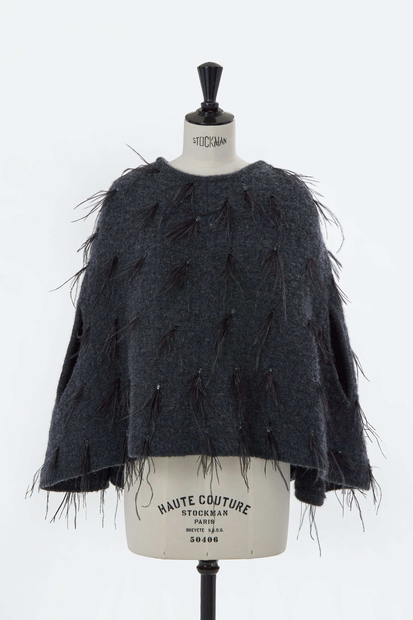 Cashmere Cape Poncho with Feathers | Charcoal Grey