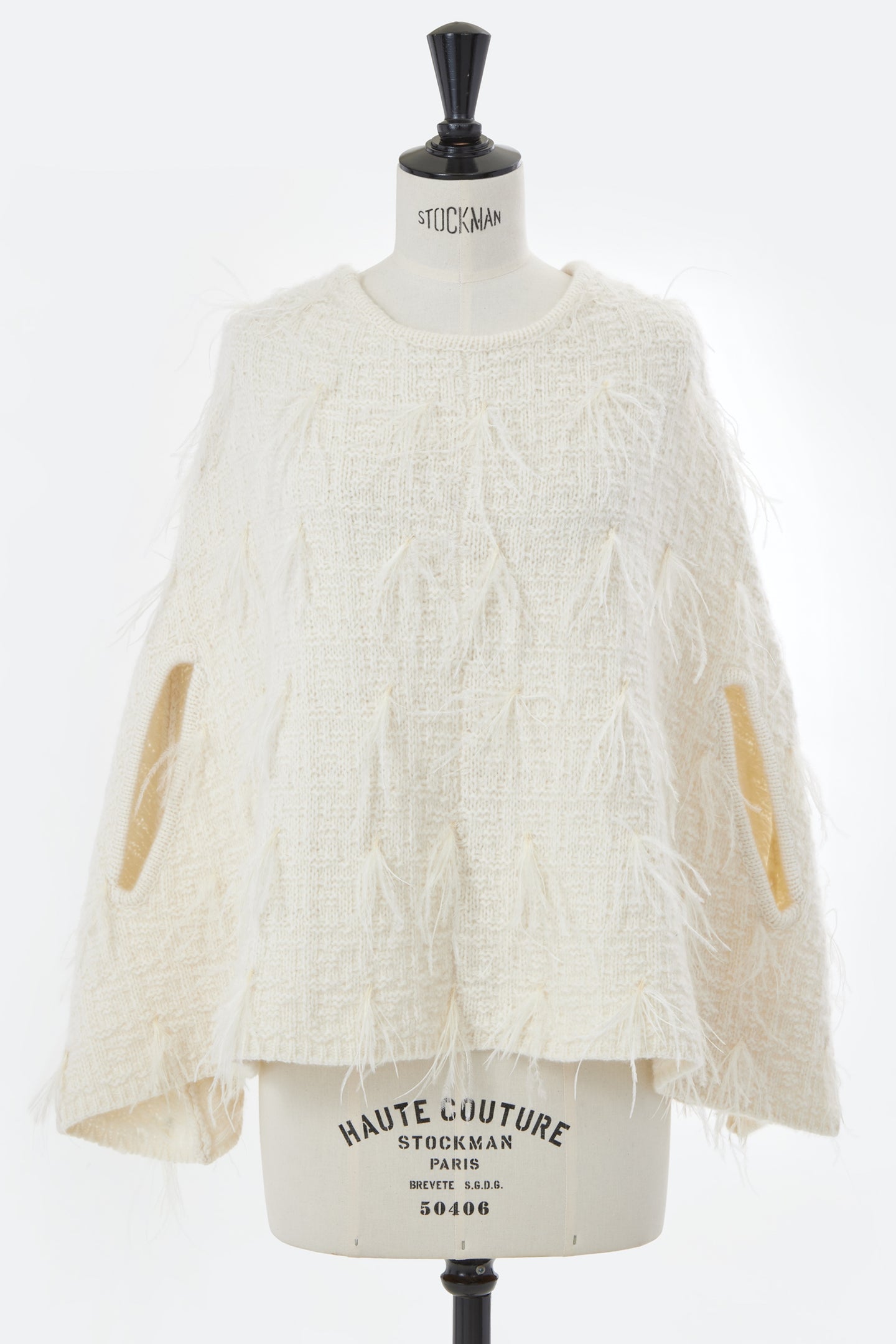 Cashmere Cape Poncho with Feathers | Shell White