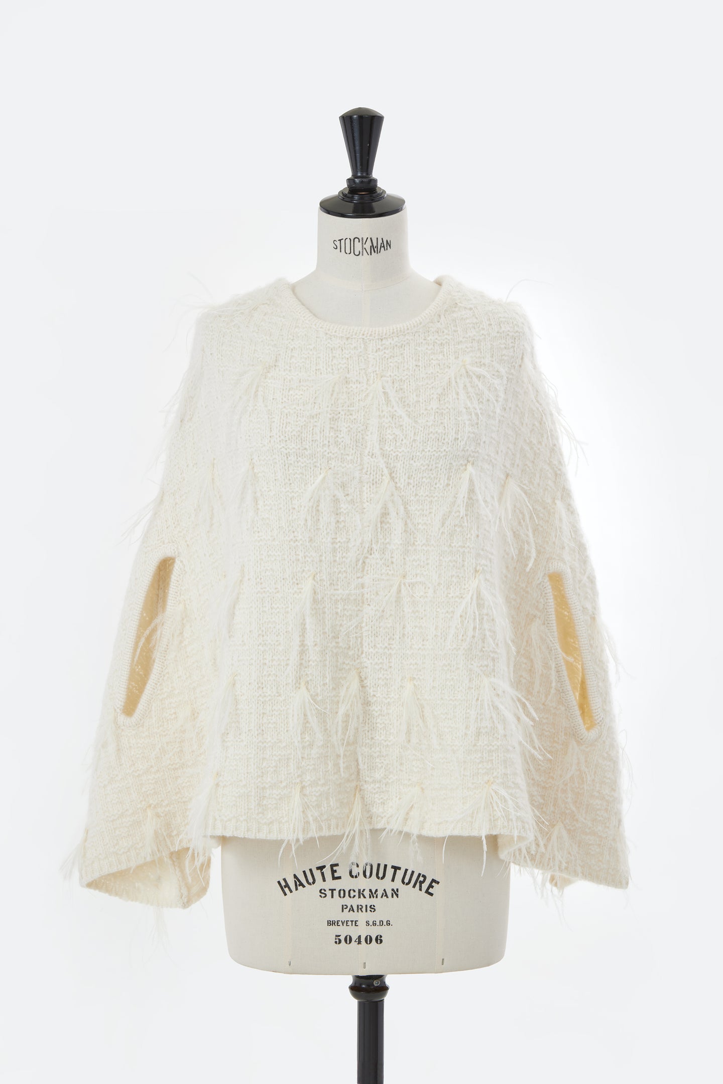 Cashmere Cape Poncho with Feathers | Shell White