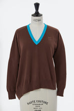 Load image into Gallery viewer, Cashmere V-Neck Asymmetrical Knit with MYLAN Logo | Chocolate
