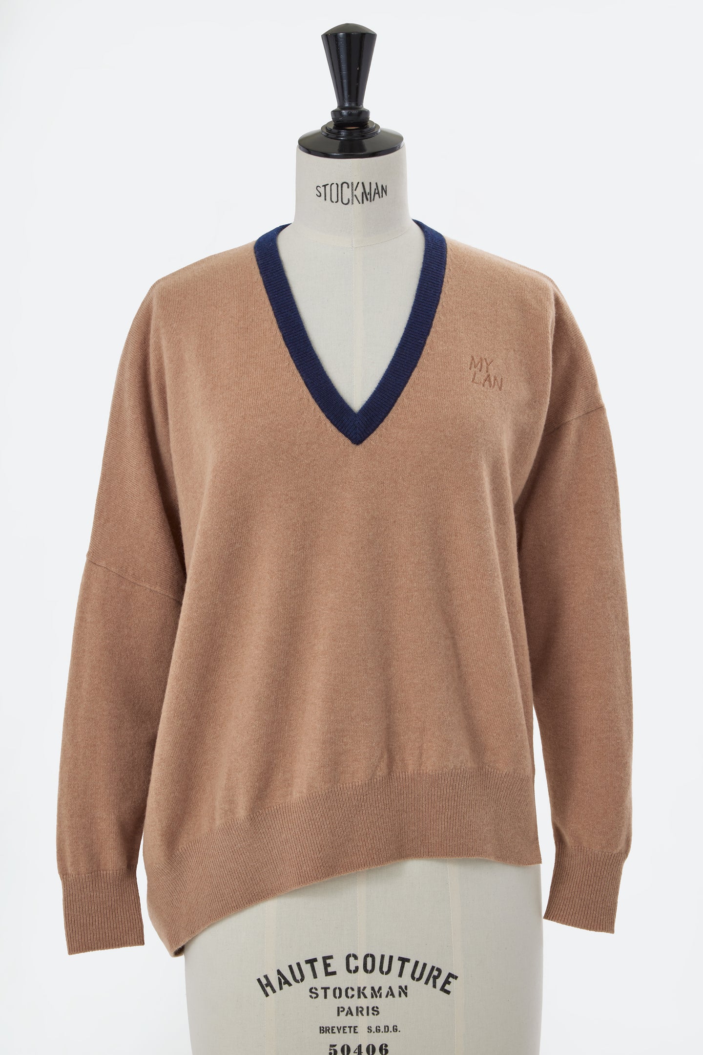 Cashmere V-Neck Asymmetrical Knit with MYLAN Logo | Camel