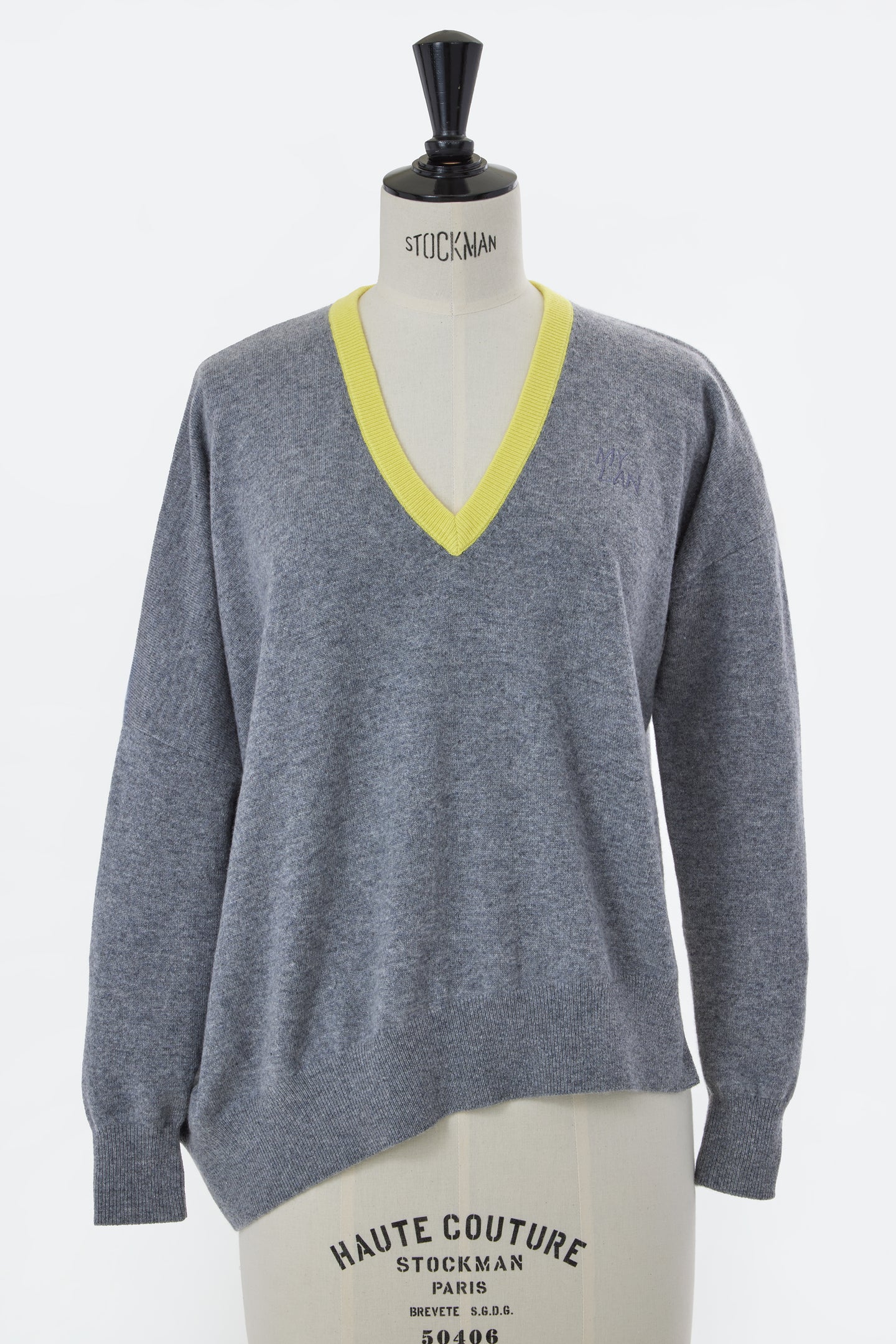 Cashmere V-Neck Asymmetrical Knit with MYLAN Logo | Charcoal Grey
