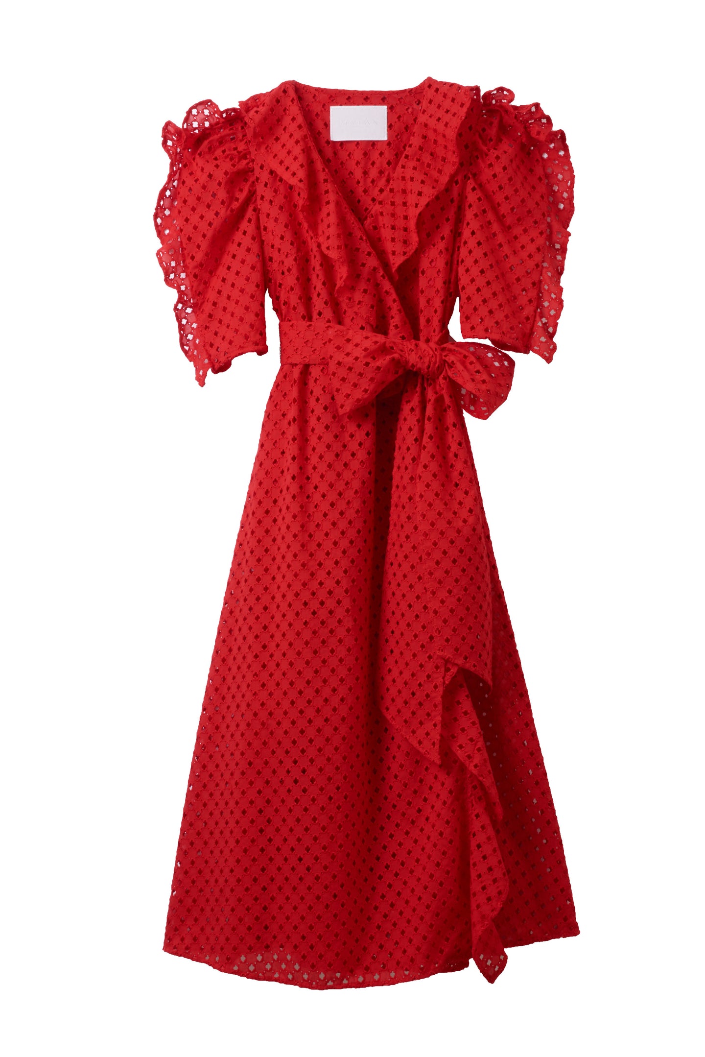 Cotton Lace Ruffle Wrap Dress | Coral Red