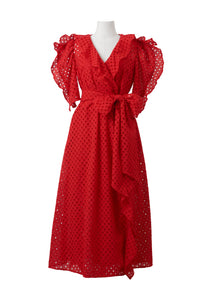 Cotton Lace Ruffle Wrap Dress | Coral Red