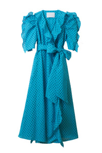 Cotton Lace Ruffle Wrap Dress | Turquoise Blue