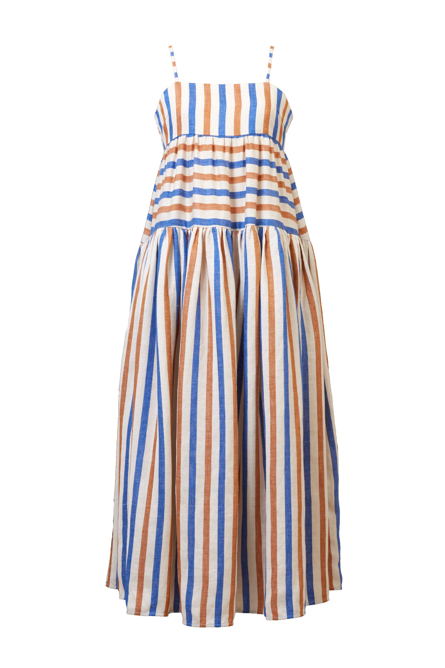 Striped Linen Back Ribbon Tiered Maxi Dress | Multi Stripe Blue
