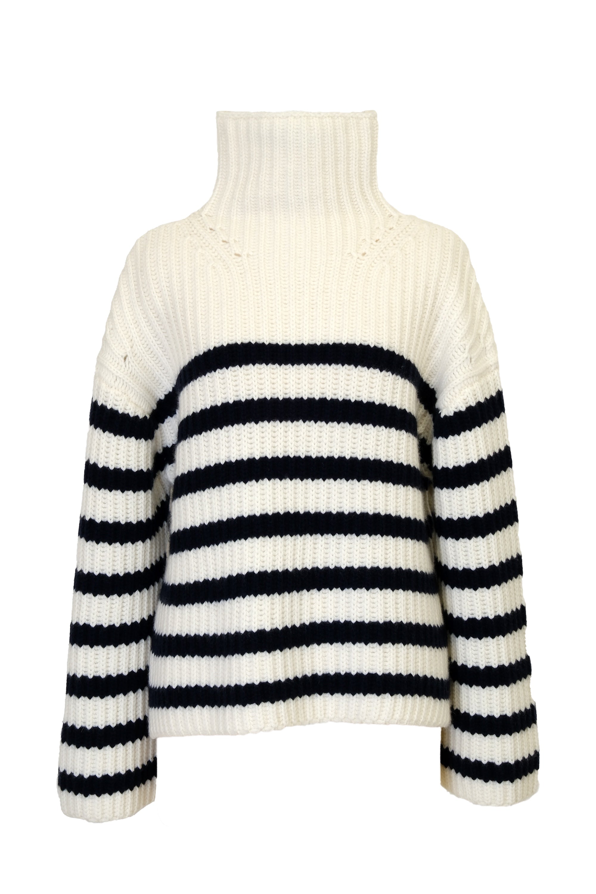 Cashmere High Neck Border Knit Top | Pearl / Indigo