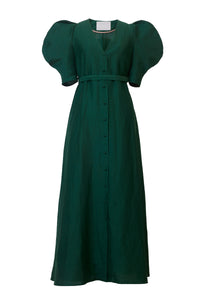 Shine Linen Volume Sleeve Dress | Forest Green