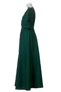 Shine Linen Volume Sleeve Dress | Forest Green